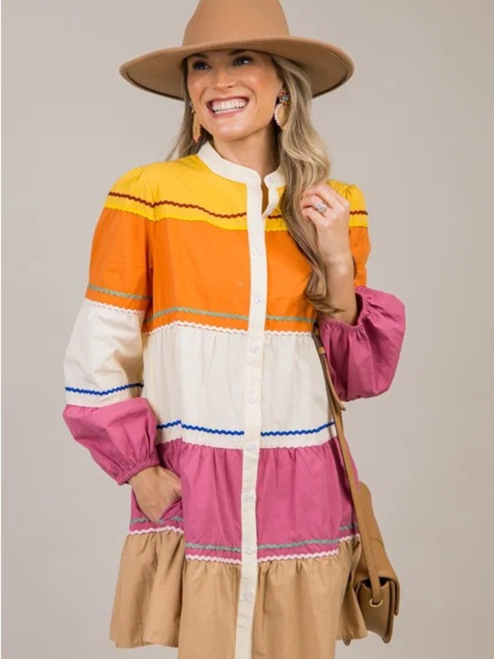 Colorblock Long Sleeve Tiered Dress in Yellow, Orange, Pink and Tan